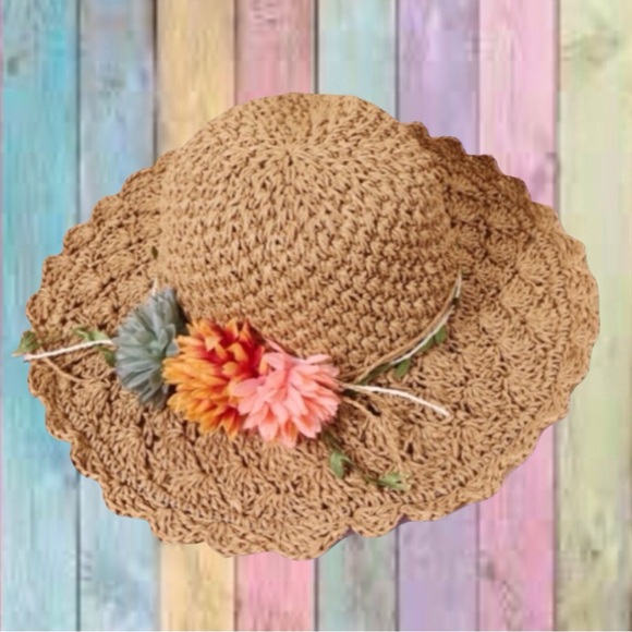 Accessories - Camel Boho Floral Detail Straw Hat